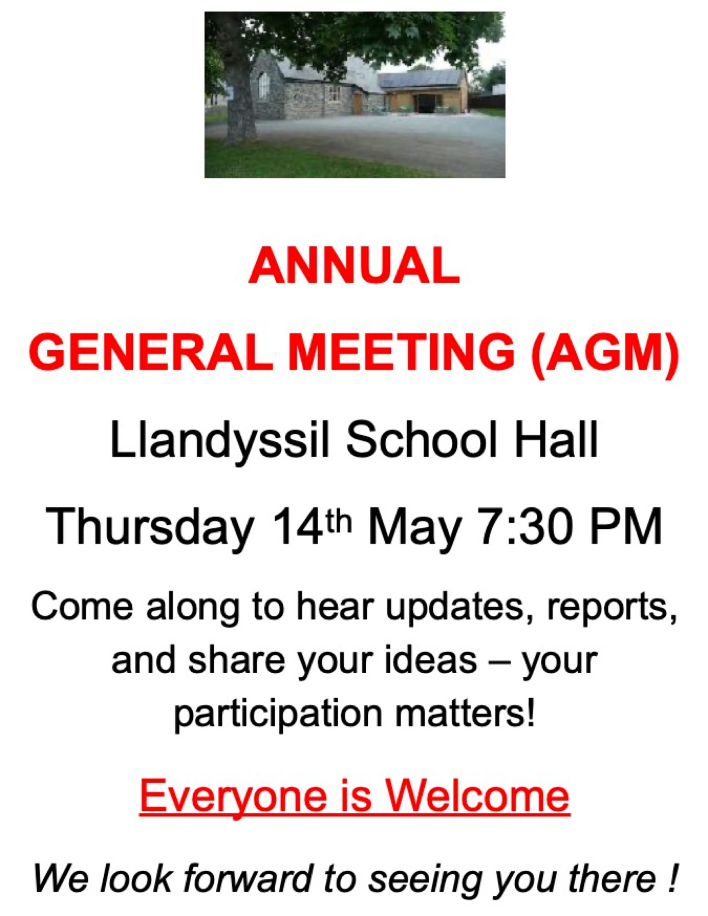 Poster advertising the village AGM on Thursday 14th May at 19:30